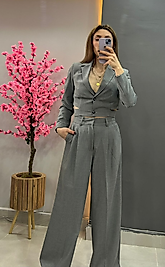 Gri Crop Ceket Pantolon Takım