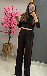 Kahverengi Crop Bluz ve Pantolonlu Takım