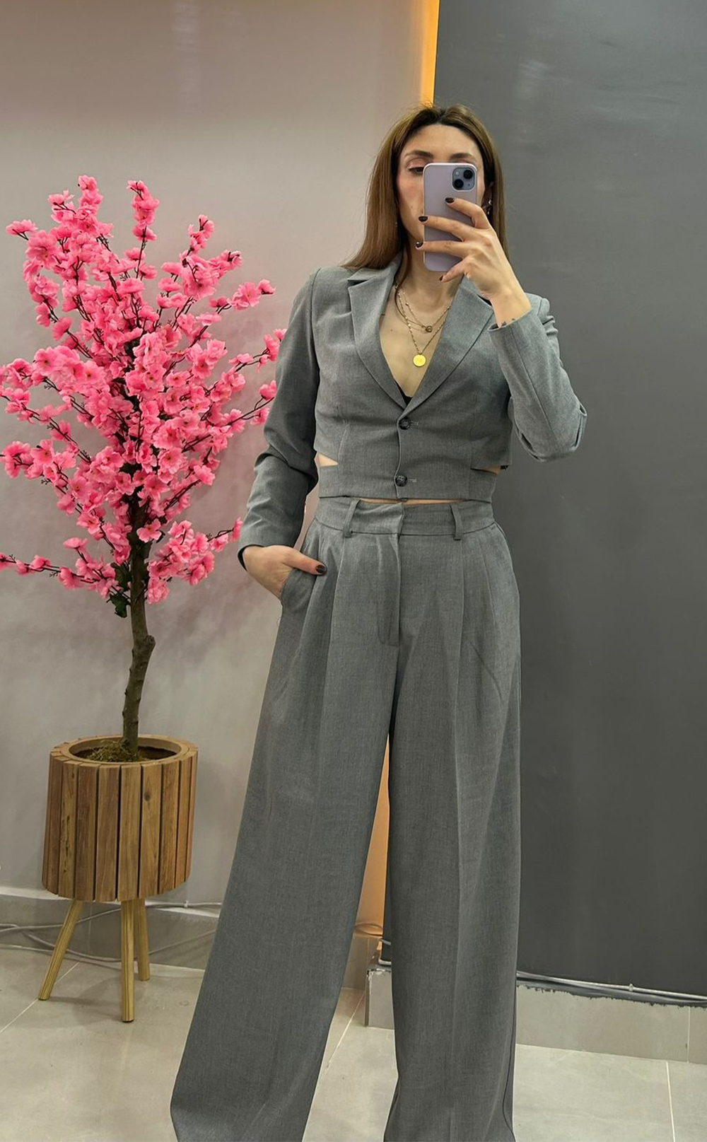Gri Crop Ceket Pantolon Takım